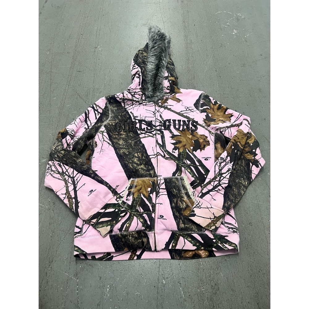 Girls With Guns Hoodie Womens Medium Pink Mossy Oak Faux Fur Full Zip Hunting